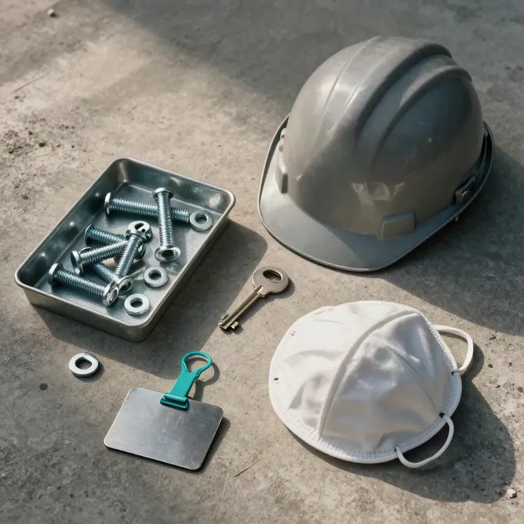 Bovenaanzicht van een grijze helm, boutenbak, stofmasker en stalen site-tag op beton.