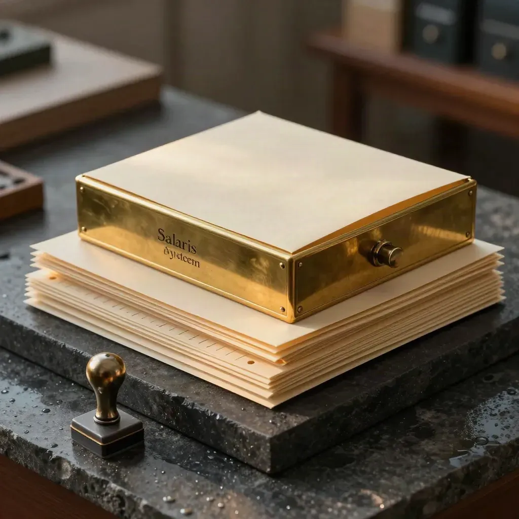 Brass payrollblok met loonstroken, tijdkaarten en stempel op natte steen in zacht avondlicht.