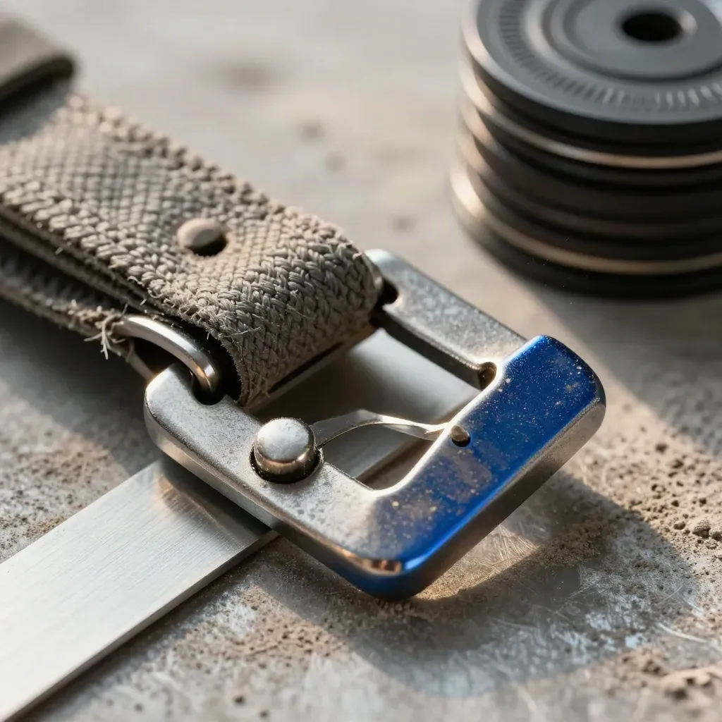 Macro van een cargobuckle, sealtabs en aluminium marker op koel metaal met blauw accent.