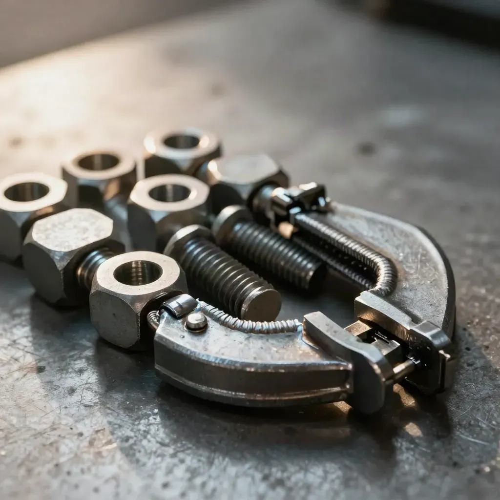 Stalen offcuts, klembek en bouten op geborsteld metaal in close-up.