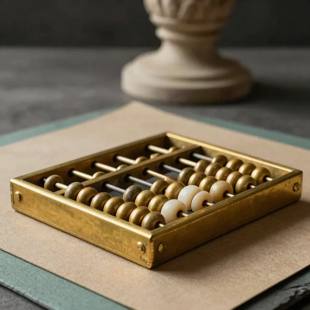 Brass abacus met leistenen telblad en drie kralen in dramatisch stil leven.