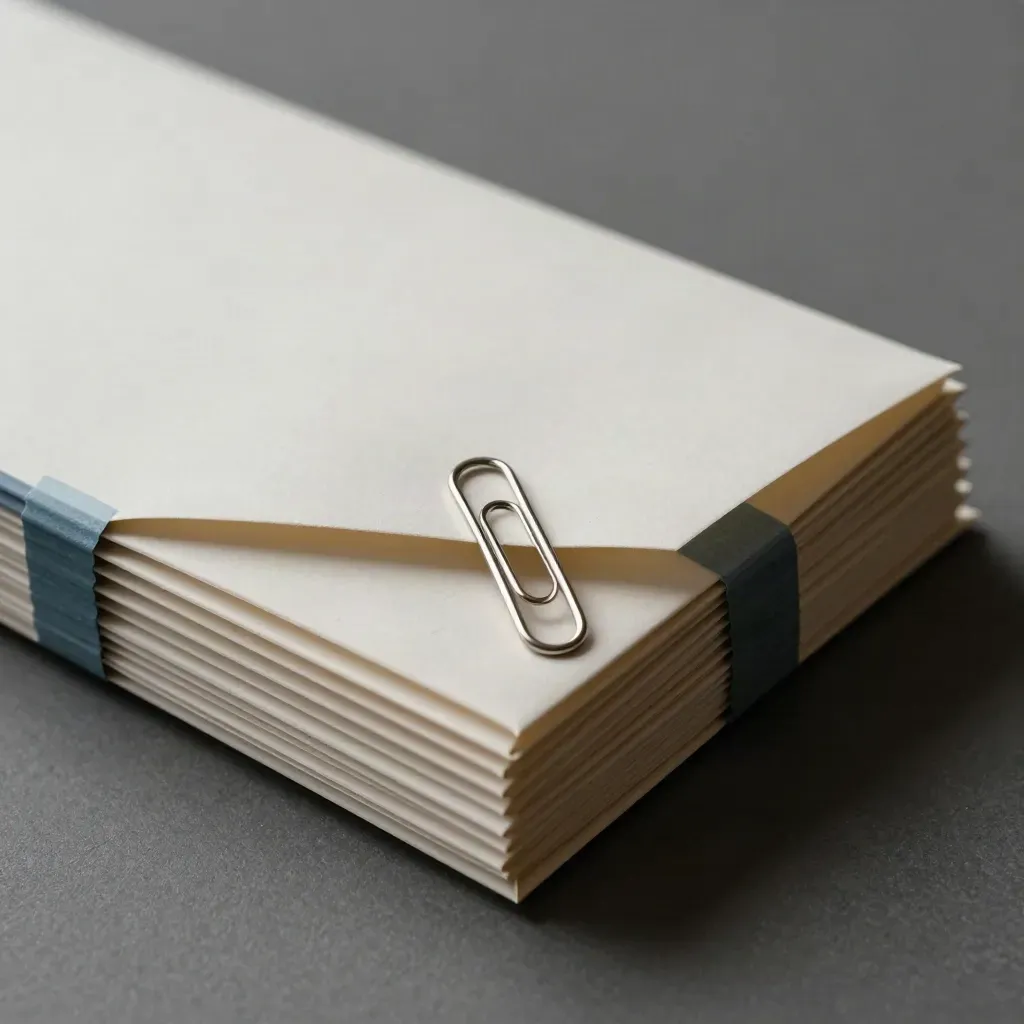 Papieren salarisstroken, paperclip en verzegelde postzakjes in close-up met blauw accent.
