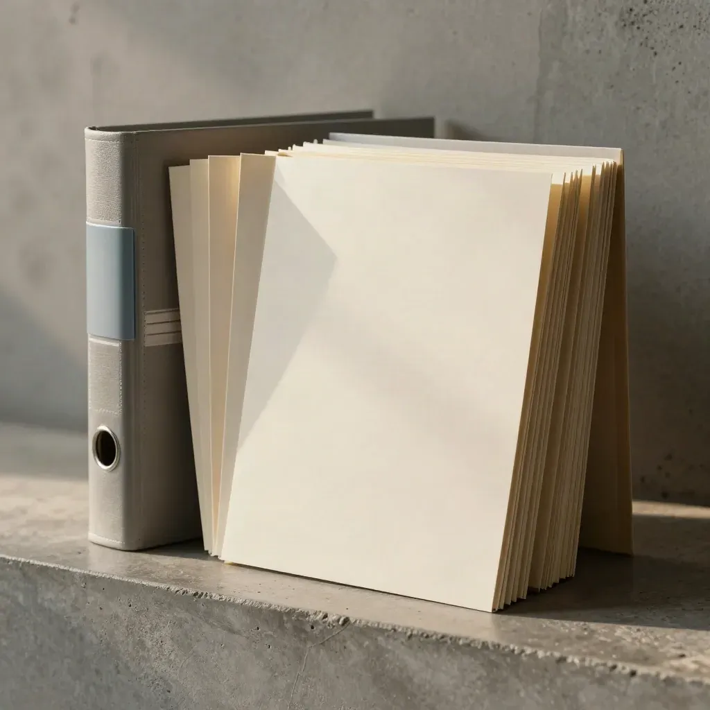 Verlofkaarten, rapportmappen en een archiefbinder in een HR-still life.