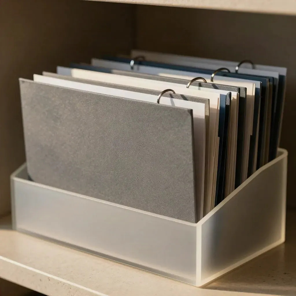 Gesloten personeelsmappen met metalen ringen in een frosted tray, in een HR-archief.