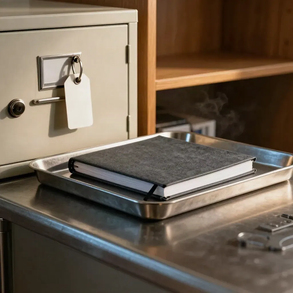 Donkere payroll-still life met sleutelhangtag, gesloten notitieboek en stalen ontvangstbak.