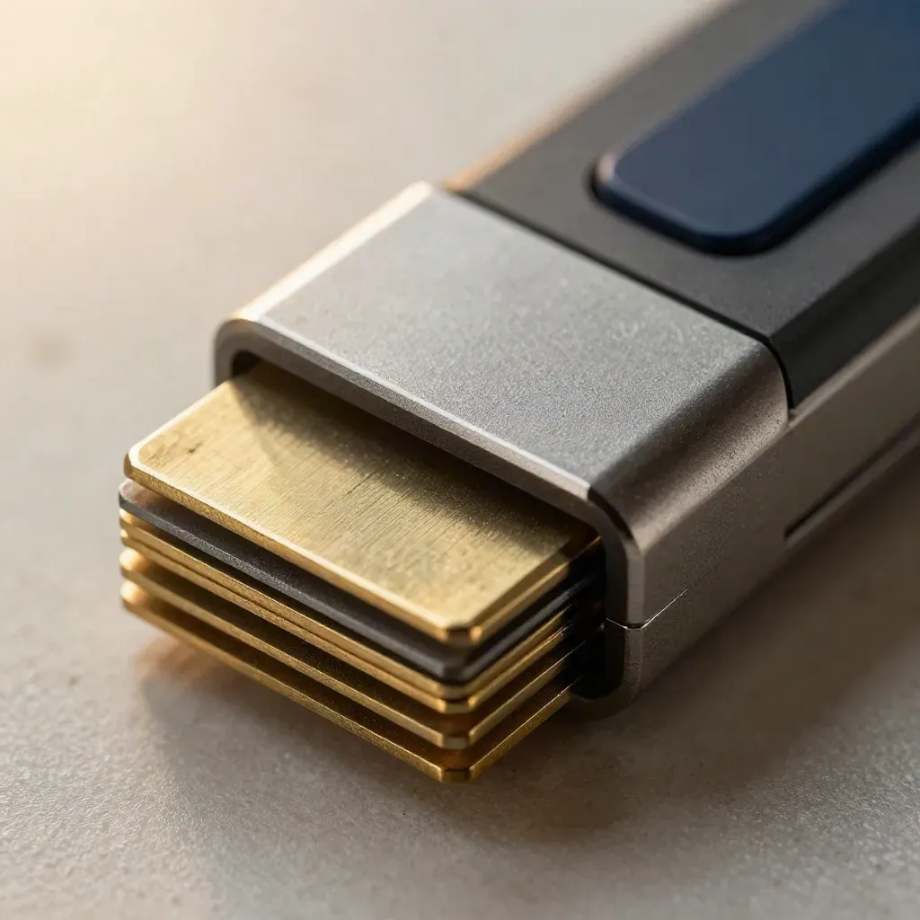 Macro van messing contactstrips en metalen tabs met navy accent op steen.